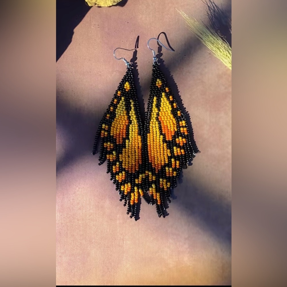 Monarch Butterfly Wing Beaded Fringe Earrings Boho Whimsigoth Statement Dangles - Picture 2 of 4